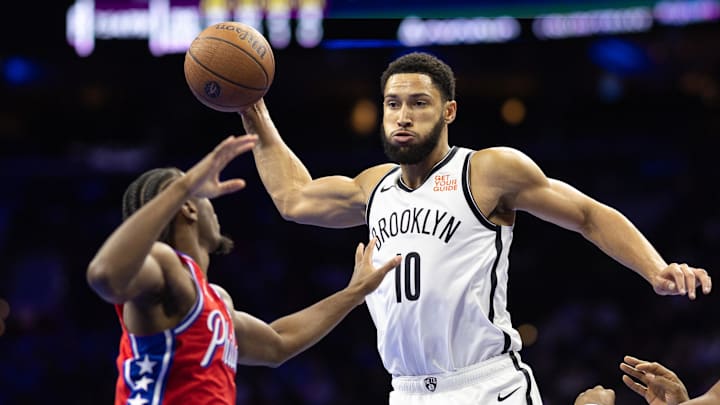 Nov 22, 2024; Philadelphia, Pennsylvania, USA; Brooklyn Nets guard Ben Simmons (10) controls the ball against Philadelphia 76ers guard Tyrese Maxey (0) during the second quarter at Wells Fargo Center. Mandatory Credit: Bill Streicher-Imagn Images
