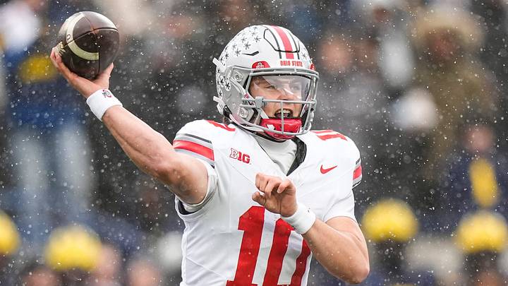 Ohio State quarterback Julian Sayin (10) makes a pass against Ohio State during the second half at Michigan Stadium in Ann Arbor on Saturday, Nov. 29, 2025.
