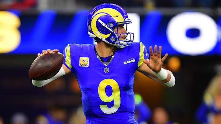 Oct 2, 2025; Inglewood, California, USA; Los Angeles Rams quarterback Matthew Stafford (9) drops back to pass against the San Francisco 49ers during the first half at SoFi Stadium. Mandatory Credit: Gary A. Vasquez-Imagn Images