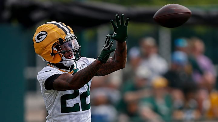 Green Bay Packers wide receiver Matthew Golden (22) catches a pass during the first day of training camp on Wednesday, July 23, 2025, at Ray Nitschke Field in Ashwaubenon, Wis. 