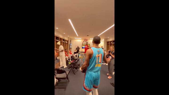 Kyrie Irving visits the losing team's locker room after the NBA All-Star game on Feb. 16, 2025.