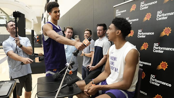 Forward Oso Ighodaro interviews forward Ryan Dunn during the Suns Summer League at Verizon 5G Performance Center on July 9, 2024, in Phoenix.