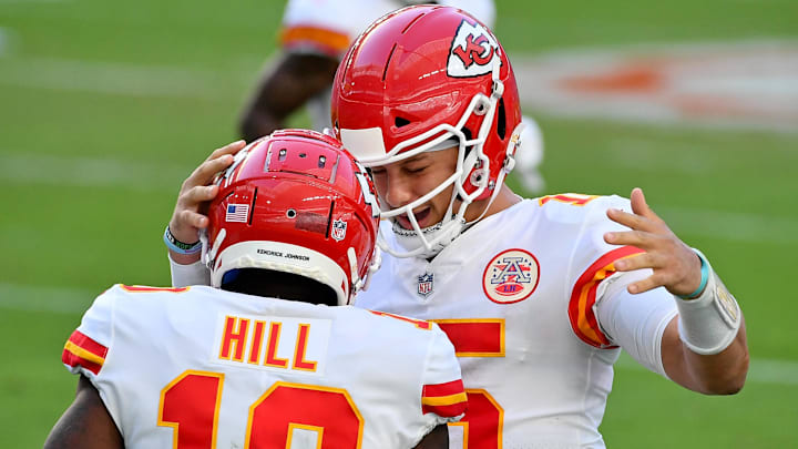 Dec 13, 2020; Miami Gardens, Florida, USA; Kansas City Chiefs wide receiver Tyreek Hill (10) celebrates his touchdown against the Miami Dolphins with quarterback Patrick Mahomes (15) during the second half at Hard Rock Stadium. Mandatory Credit: Jasen Vinlove-Imagn Images Dec 13, 2020; Miami Gardens, Florida, USA; Kansas City Chiefs wide receiver Tyreek Hill (10) celebrates his touchdown against the Miami Dolphins with quarterback Patrick Mahomes (15) during the second half at Hard Rock Stadium. Mandatory Credit: Jasen Vinlove-Imagn Images