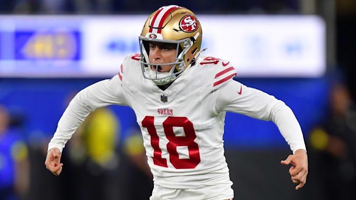 Oct 2, 2025; Inglewood, California, USA; San Francisco 49ers placekicker Eddie Pineiro (18) reacts after making a 59 yard field goal against the Los Angeles Rams during the second half at SoFi Stadium. Mandatory Credit: Gary A. Vasquez-Imagn Images Oct 2, 2025; Inglewood, California, USA; San Francisco 49ers placekicker Eddie Pineiro (18) reacts after making a 59 yard field goal against the Los Angeles Rams during the second half at SoFi Stadium. Mandatory Credit: Gary A. Vasquez-Imagn Images