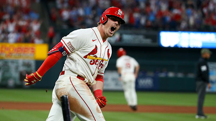 Cardinals DH Nolan Gorman after his go-ahead HR in the 8th inning against the LA Dodgers