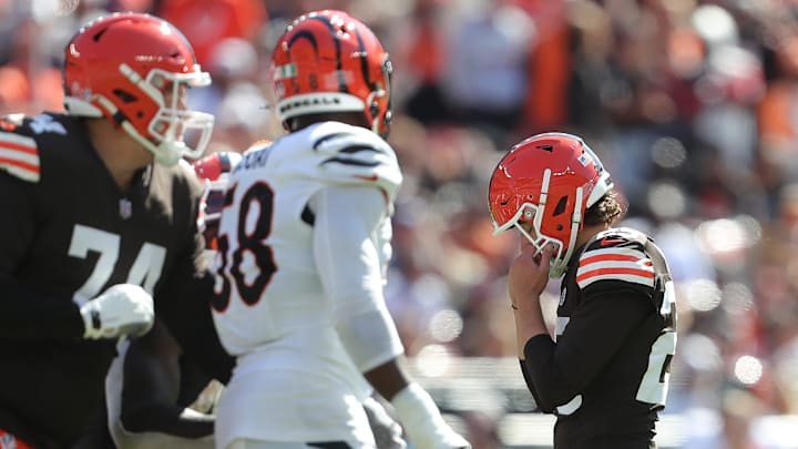 Cleveland Browns kicker Andre Szmyt, right, reacts after missing a field goal against the Cincinnati Bengals on Sept. 7, 2025, in Cleveland. Cleveland Browns kicker Andre Szmyt, right, reacts after missing a field goal against the Cincinnati Bengals on Sept. 7, 2025, in Cleveland.