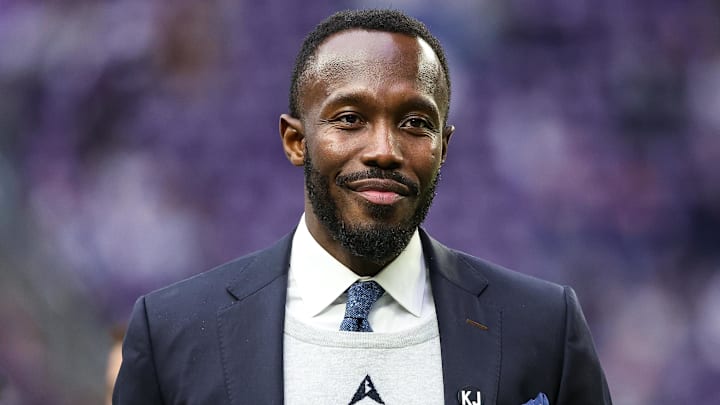Dec 8, 2024; Minneapolis, Minnesota, USA; Minnesota Vikings general manager Kwesi Adofo-Mensah looks on before the game against the Atlanta Falcons at U.S. Bank Stadium. Dec 8, 2024; Minneapolis, Minnesota, USA; Minnesota Vikings general manager Kwesi Adofo-Mensah looks on before the game against the Atlanta Falcons at U.S. Bank Stadium.