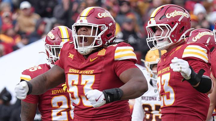 Iowa State Cyclones' defensive line Zaimir Hawk (53) reacts after a tackle against Arizona State during the second quarter in the Big-12 showdown at jack Trice Stadium on Nov. 1, 2025, in Ames, Iowa. Iowa State Cyclones' defensive line Zaimir Hawk (53) reacts after a tackle against Arizona State during the second quarter in the Big-12 showdown at jack Trice Stadium on Nov. 1, 2025, in Ames, Iowa.