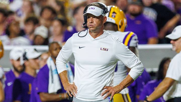 Sep 5, 2026; Baton Rouge, Louisiana, USA;  LSU Tigers head coach Lane Kiffin watches game play against the Clemson Tigers during the first half at Tiger Stadium.  Mandatory Credit: Stephen Lew-Imagn Images