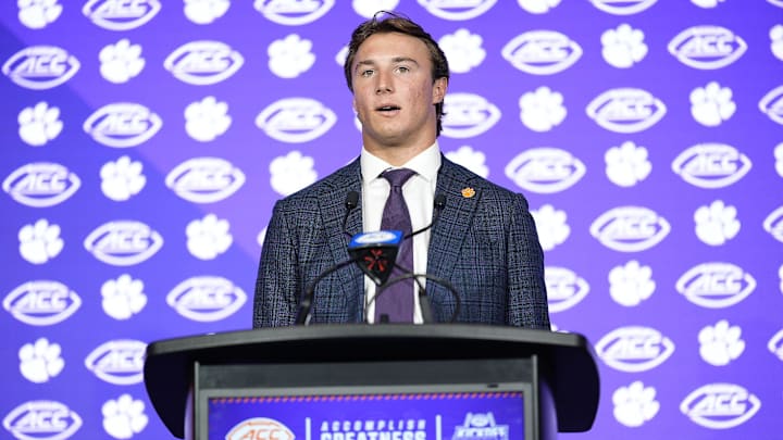 Jul 24, 2025; Charlotte, NC, USA;  Clemson quarterback Cade Klubnik answers questions from the media during ACC Media Days at Hilton Charlotte Uptown. Mandatory Credit: Jim Dedmon-Imagn Images