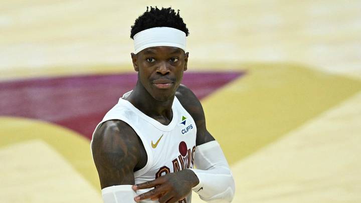 Apr 29, 2026; Cleveland, Ohio, USA; Cleveland Cavaliers guard Dennis Schroder (8) celebrates his three-point basket against the Toronto Raptors in the fourth quarter of game five of the first round of the 2026 NBA Playoffs at Rocket Arena. Mandatory Credit: David Richard-Imagn Images