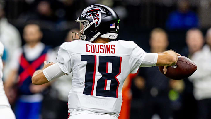 Nov 10, 2024; New Orleans, Louisiana, USA; Atlanta Falcons quarterback Kirk Cousins (18) passes against the New Orleans Saints during the first half at Caesars Superdome. Mandatory Credit: Stephen Lew-Imagn Images Nov 10, 2024; New Orleans, Louisiana, USA; Atlanta Falcons quarterback Kirk Cousins (18) passes against the New Orleans Saints during the first half at Caesars Superdome. Mandatory Credit: Stephen Lew-Imagn Images