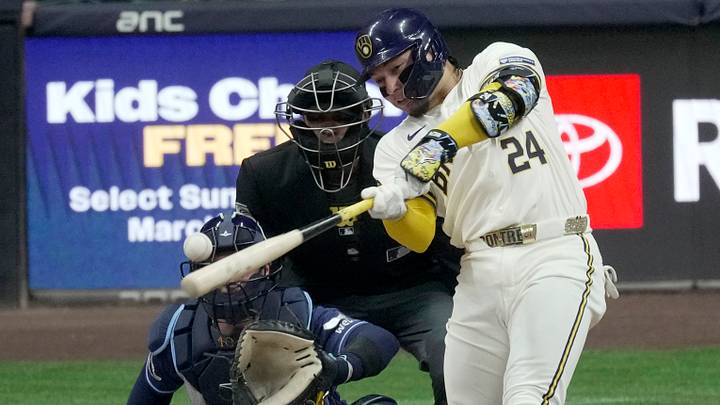 Mar 30, 2026; Milwaukee, Wisconsin, USA; Milwaukee Brewers catcher William Contreras (24) hits a single during the fourth inning against the Tampa Bay Rays  at American Family Field. Mandatory Credit: Mark Hoffman/USA TODAY Network via Imagn Images