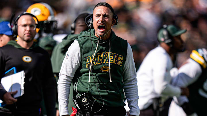 Green Bay Packers head coach Matt LaFleur reacts to a play against Detroit Lions during the first half at Lambeau Field in Green Bay, Wis., on Sunday, September 7, 2025.