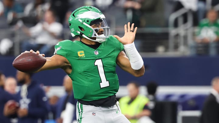 Nov 23, 2025; Arlington, Texas, USA; Philadelphia Eagles quarterback Jalen Hurts (1) warm ups before the game against the Dallas Cowboys at AT&T Stadium. Mandatory Credit: Kevin Jairaj-Imagn Images