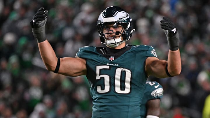 Nov 16, 2025; Philadelphia, Pennsylvania, USA; Philadelphia Eagles linebacker Jaelan Phillips (50) against the Detroit Lions at Lincoln Financial Field. Mandatory Credit: Eric Hartline-Imagn Images