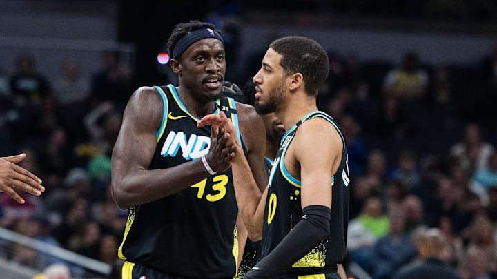 Indiana Pacers forward Pascal Siakam (43) celebrates with guard Tyrese Haliburton.