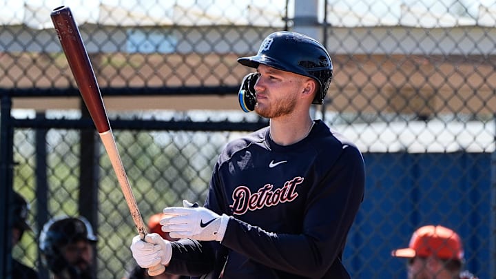 Detroit Tigers outfielder Parker Meadows bats during spring training at TigerTown in Lakeland, Fla. on Friday, Feb. 21, 2025.