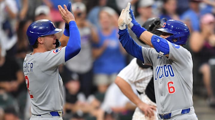 Jul 26, 2025; Chicago, Illinois, USA; Chicago Cubs third baseman Matt Shaw (6) celebrates his two-run home run with second baseman Nico Hoerner (2) during the seventh inning against the Chicago White Sox at Rate Field. Mandatory Credit: Patrick Gorski-Imagn Images