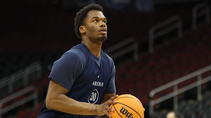 Mar 26, 2025; Newark, NJ, USA; Arizona Wildcats forward Tobe Awaka (30) during a practice session in preparation for an East Regional semifinal game against the Duke Blue Devils at Prudential Center. Mandatory Credit: Vincent Carchietta-Imagn Images Mar 26, 2025; Newark, NJ, USA; Arizona Wildcats forward Tobe Awaka (30) during a practice session in preparation for an East Regional semifinal game against the Duke Blue Devils at Prudential Center. Mandatory Credit: Vincent Carchietta-Imagn Images