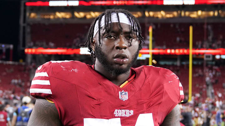 Sep 9, 2024; Santa Clara, California, USA; San Francisco 49ers offensive tackle Spencer Burford (74) after defeating the New York Jets at Levi's Stadium. Mandatory Credit: Darren Yamashita-Imagn Images