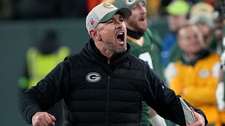 Jan 7, 2024; Green Bay, Wisconsin, USA; Green Bay Packers head coach Matt LaFleur celebrates as the