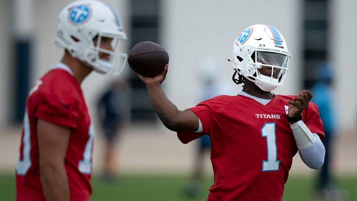 Tennessee Titans quarterback Cam Ward (1) throws in drills during OTAs at Vanderbilt Health Football Center in Nashville, Tenn., Monday, June 8, 2026. Tennessee Titans quarterback Cam Ward (1) throws in drills during OTAs at Vanderbilt Health Football Center in Nashville, Tenn., Monday, June 8, 2026.