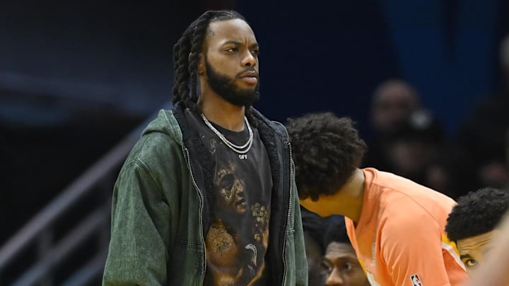 Jan 26, 2026; Cleveland, Ohio, USA; Cleveland Cavaliers guard Darius Garland (10) stands on the court during a timeout in the third quarter against the Orlando Magic at Rocket Arena. Mandatory Credit: David Richard-Imagn Images