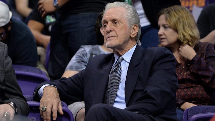 Nov 8, 2017; Phoenix, AZ, USA; Miami Heat president Pat Riley watches a game between the Miami Heat and Phoenix Suns at Talking Stick Resort Arena. Mandatory Credit: Jennifer Stewart-Imagn Images