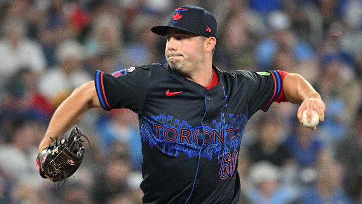 Jun 17, 2024; Toronto, Ontario, CAN;  Toronto Blue Jays relief pitcher Brandon Eisert (60) delivers a pitch against the Boston Red Sox in the eighth inning at Rogers Centre. Mandatory Credit: Dan Hamilton-Imagn Images