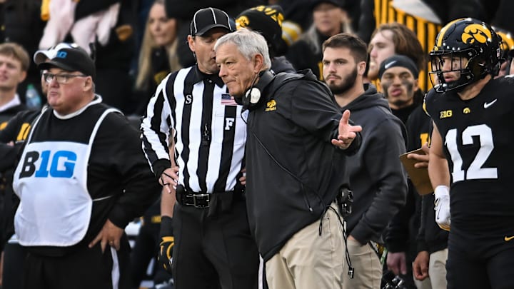 Oct 25, 2025; Iowa City, Iowa, USA; Iowa Hawkeyes head coach Kirk Ferentz reacts after a call during the fourth quarter against the Minnesota Golden Gophers at Kinnick Stadium. Mandatory Credit: Jeffrey Becker-Imagn Images Oct 25, 2025; Iowa City, Iowa, USA; Iowa Hawkeyes head coach Kirk Ferentz reacts after a call during the fourth quarter against the Minnesota Golden Gophers at Kinnick Stadium. Mandatory Credit: Jeffrey Becker-Imagn Images
