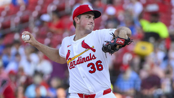 Jun 24, 2025; St. Louis, Missouri, USA;  St. Louis Cardinals starting pitcher Michael McGreevy (36) pitches against the Chicago Cubs during the first inning at Busch Stadium. Mandatory Credit: Jeff Curry-Imagn Images