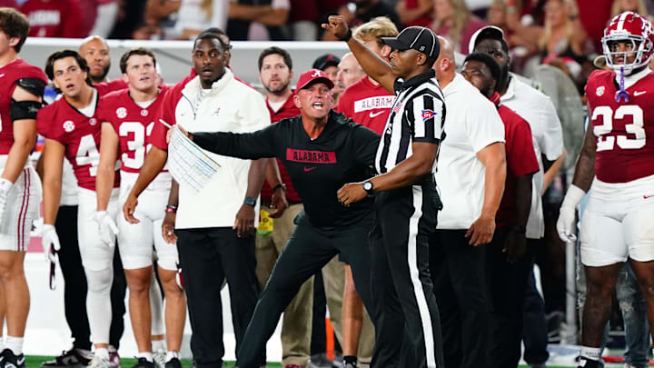 Sep 28, 2024; Tuscaloosa, Alabama, USA;  Alabama Crimson Tide head coach Kalen DeBoer asks for a pass interference call against the Georgia Bulldogs during the first half at Bryant-Denny Stadium. Mandatory Credit: John David Mercer-Imagn Images