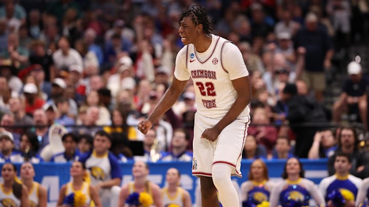 Mar 20, 2026; Tampa, FL, USA; Alabama Crimson Tide forward Aiden Sherrell (22) reacts after a basket in the first half against the Hofstra Pride during a first round game of the men's 2026 NCAA Tournament at Benchmark International Arena. Mandatory Credit: Matt Pendleton-Imagn Images Mar 20, 2026; Tampa, FL, USA; Alabama Crimson Tide forward Aiden Sherrell (22) reacts after a basket in the first half against the Hofstra Pride during a first round game of the men's 2026 NCAA Tournament at Benchmark International Arena. Mandatory Credit: Matt Pendleton-Imagn Images