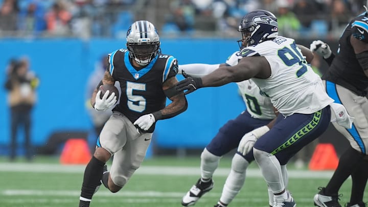 Carolina Panthers running back Rico Dowdle (5) runs the ball against Seattle Seahawks 