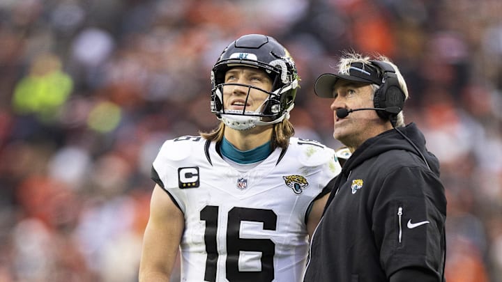 Dec 10, 2023; Cleveland, Ohio, USA; Jacksonville Jaguars head coach Doug Pederson and quarterback