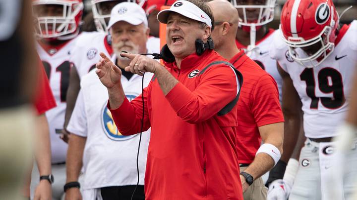 Georgia head coach Kirby Smart yells at his team during the first quarter of the game against Vanderbilt at Vanderbilt Stadium Saturday, Sept. 25, 2021 in Nashville, Tenn.

Nas Vandy Ga 025