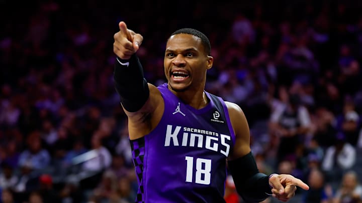 Jan 16, 2026; Sacramento, California, USA; Sacramento Kings guard Russell Westbrook (18) reacts after a play during the third quarter against the Washington Wizards at Golden 1 Center.