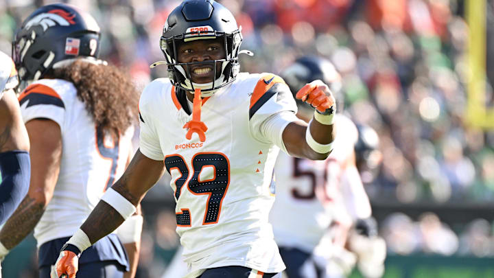 Oct 5, 2025; Philadelphia, Pennsylvania, USA; Denver Broncos cornerback Ja'Quan McMillian (29) reacts after a sack during the fourth quarter against the Philadelphia Eagles at Lincoln Financial Field. Mandatory Credit: Eric Hartline-Imagn Images