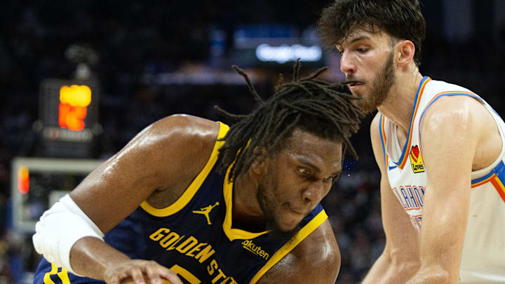 Nov 16, 2023; San Francisco, California, USA; Golden State Warriors forward Kevon Looney (5) looks to drive around Oklahoma City Thunder center Chet Holmgren (7) during the third quarter at Chase Center. Mandatory Credit: D. Ross Cameron-Imagn Images Nov 16, 2023; San Francisco, California, USA; Golden State Warriors forward Kevon Looney (5) looks to drive around Oklahoma City Thunder center Chet Holmgren (7) during the third quarter at Chase Center. Mandatory Credit: D. Ross Cameron-Imagn Images