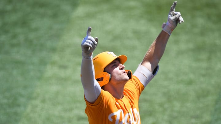 Tennessee's Seth Stephenson (4) celebrates a home run hit during game two of the NCAA Knoxville Super Regionals between Tennessee and Notre Dame at Lindsey Nelson Stadium in Knoxville, Tenn. on Saturday, June 11, 2022.

Kns Tennessee Notre Dame Game 2