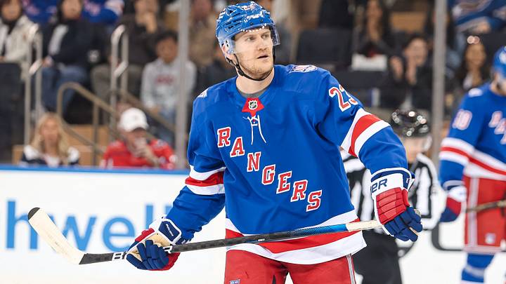Apr 5, 2026; New York, New York, USA; New York Rangers defenseman Adam Fox (23) skates against the Washington Capitals during the second period at Madison Square Garden. Apr 5, 2026; New York, New York, USA; New York Rangers defenseman Adam Fox (23) skates against the Washington Capitals during the second period at Madison Square Garden.