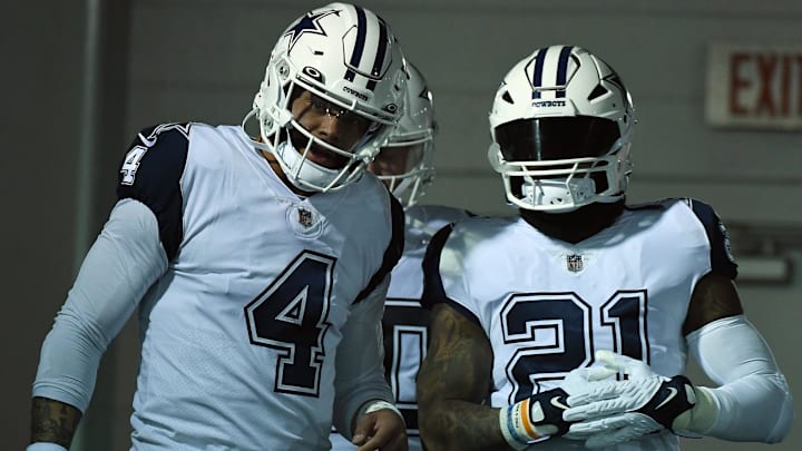 Dec 29, 2022; Nashville, Tennessee, USA; Dallas Cowboys quarterback Dak Prescott (4) and running back Ezekiel Elliott (21) wait to take the field before the game against the Tennessee Titans at Nissan Stadium. Mandatory Credit: Christopher Hanewinckel-USA TODAY Sports