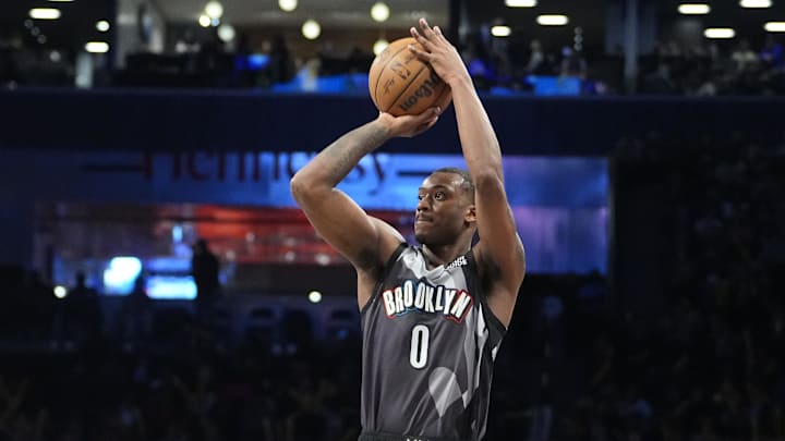 Apr 6, 2025; Brooklyn, New York, USA; Brooklyn Nets forward Dariq Whitehead (0) shoots a three point jump shot against the Toronto Raptors during the second half at Barclays Center. Mandatory Credit: Gregory Fisher-Imagn Images Apr 6, 2025; Brooklyn, New York, USA; Brooklyn Nets forward Dariq Whitehead (0) shoots a three point jump shot against the Toronto Raptors during the second half at Barclays Center. Mandatory Credit: Gregory Fisher-Imagn Images