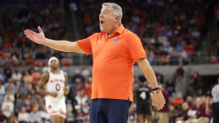 Mar 2, 2024; Auburn, Alabama, USA; Auburn Tigers head coach Bruce Pearl talks to his players during
