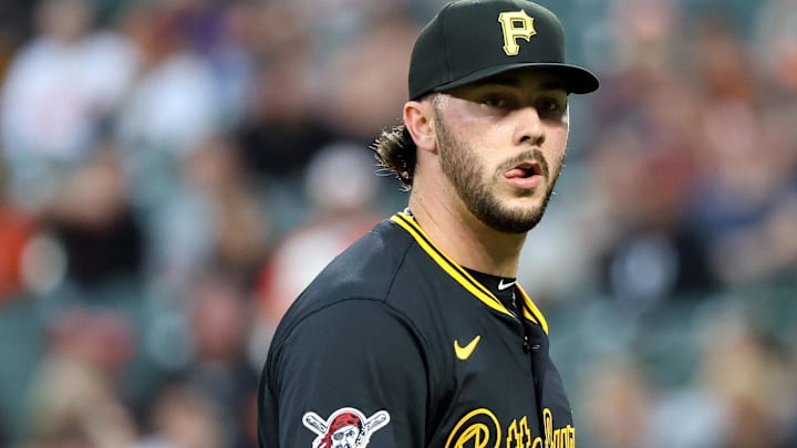 Sep 10, 2025; Baltimore, Maryland, USA; Pittsburgh Pirates pitcher Paul Skenes (30) looks on during the first inning against Baltimore Orioles at Oriole Park at Camden Yards. Mandatory Credit: Daniel Kucin Jr.-Imagn Images