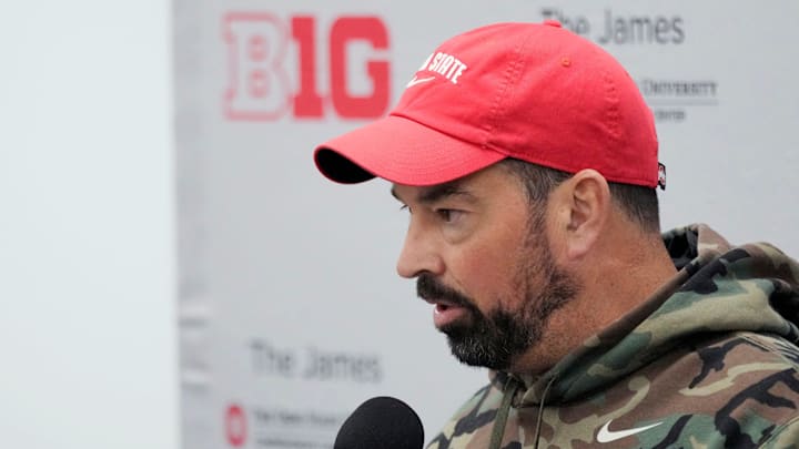 Ohio State head coach Ryan Day speaks to the meeting during a press conference before the start of spring football at the Woody Hayes Athletic Center on March 7, 2025.