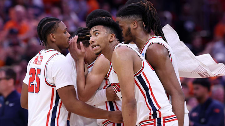 Mar 26, 2026; Houston, TX, USA; The Houston Cougars react after the game in a Sweet Sixteen game of the South Regional of the men's 2026 NCAA Tournament at Toyota Center. Mandatory Credit: Troy Taormina-Imagn Images Mar 26, 2026; Houston, TX, USA; The Houston Cougars react after the game in a Sweet Sixteen game of the South Regional of the men's 2026 NCAA Tournament at Toyota Center. Mandatory Credit: Troy Taormina-Imagn Images