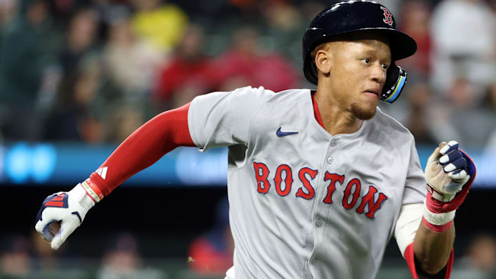 Apr 2, 2025; Baltimore, Maryland, USA; Boston Red Sox second baseman Kristian Campbell (28) hits a double during the fifth inning against the Baltimore Orioles at Oriole Park at Camden Yards. Mandatory Credit: Daniel Kucin Jr.-Imagn Images