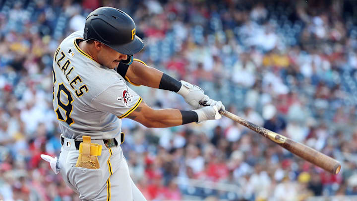 Sep 13, 2025; Washington, District of Columbia, USA; Pittsburgh Pirates infielder Nick Gonzales (39) swings during the first inning against the Washington Nationals at Nationals Park. Mandatory Credit: Daniel Kucin Jr.-Imagn Images